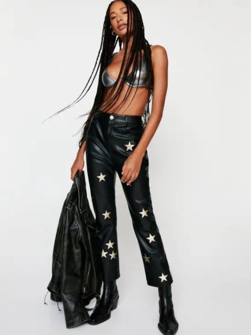 Nasty Gal Star Faux Leather Pants Size S | Black Gold Western Y2K